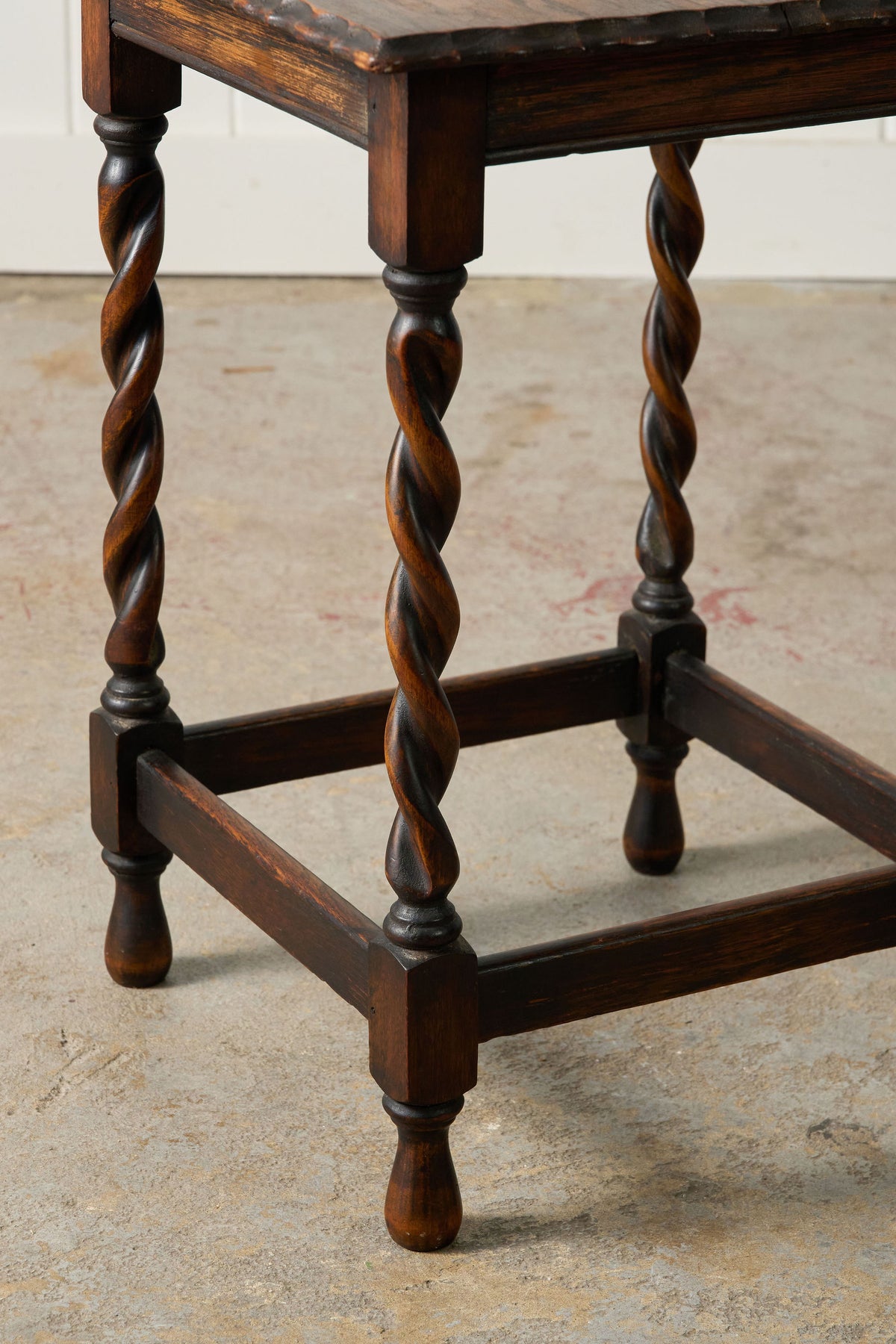Petite English Oak Square Barley Twist Table with Scalloped Edge (c. 1930)