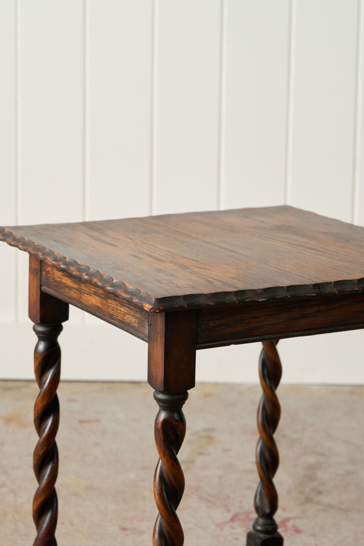 Petite English Oak Square Barley Twist Table with Scalloped Edge (c. 1930)