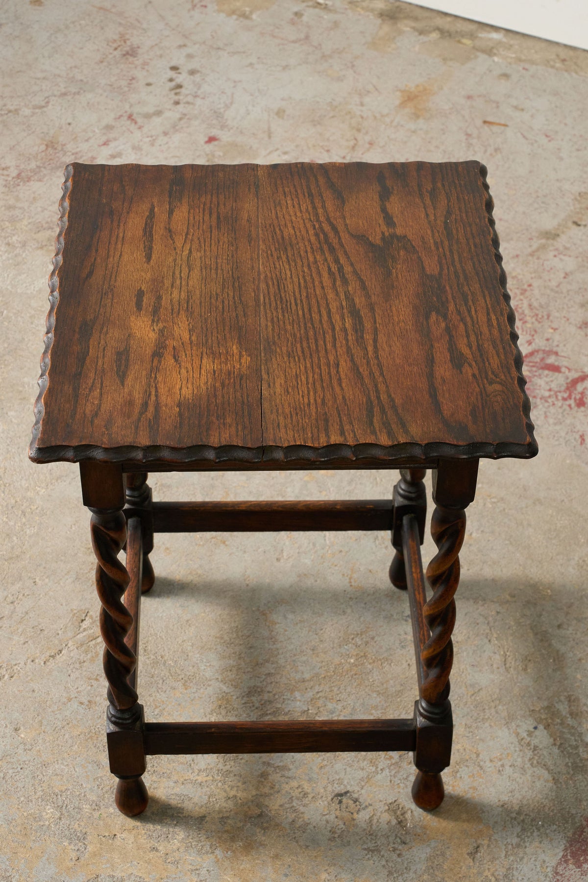 Petite English Oak Square Barley Twist Table with Scalloped Edge (c. 1930)