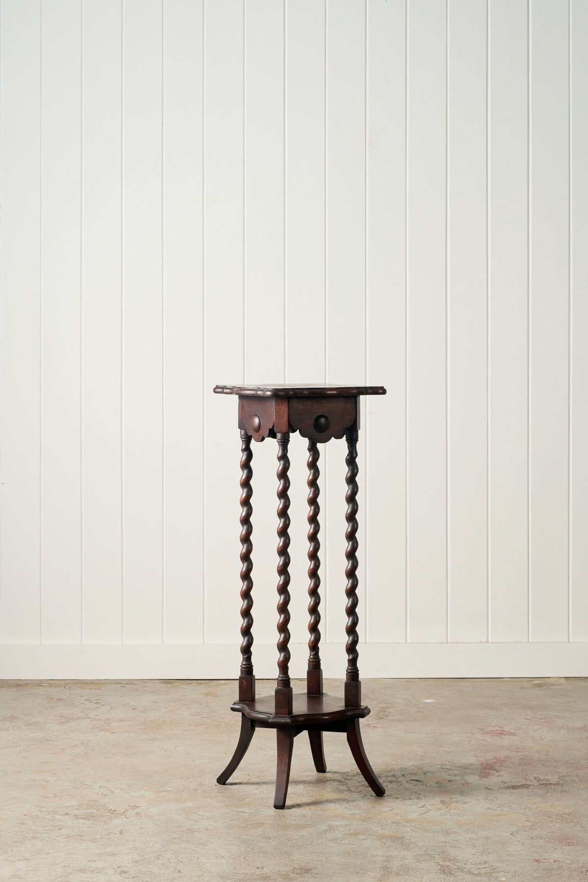 Antique English Oak 2-Tier Barley Twist Plant Stand with Scalloped Top
