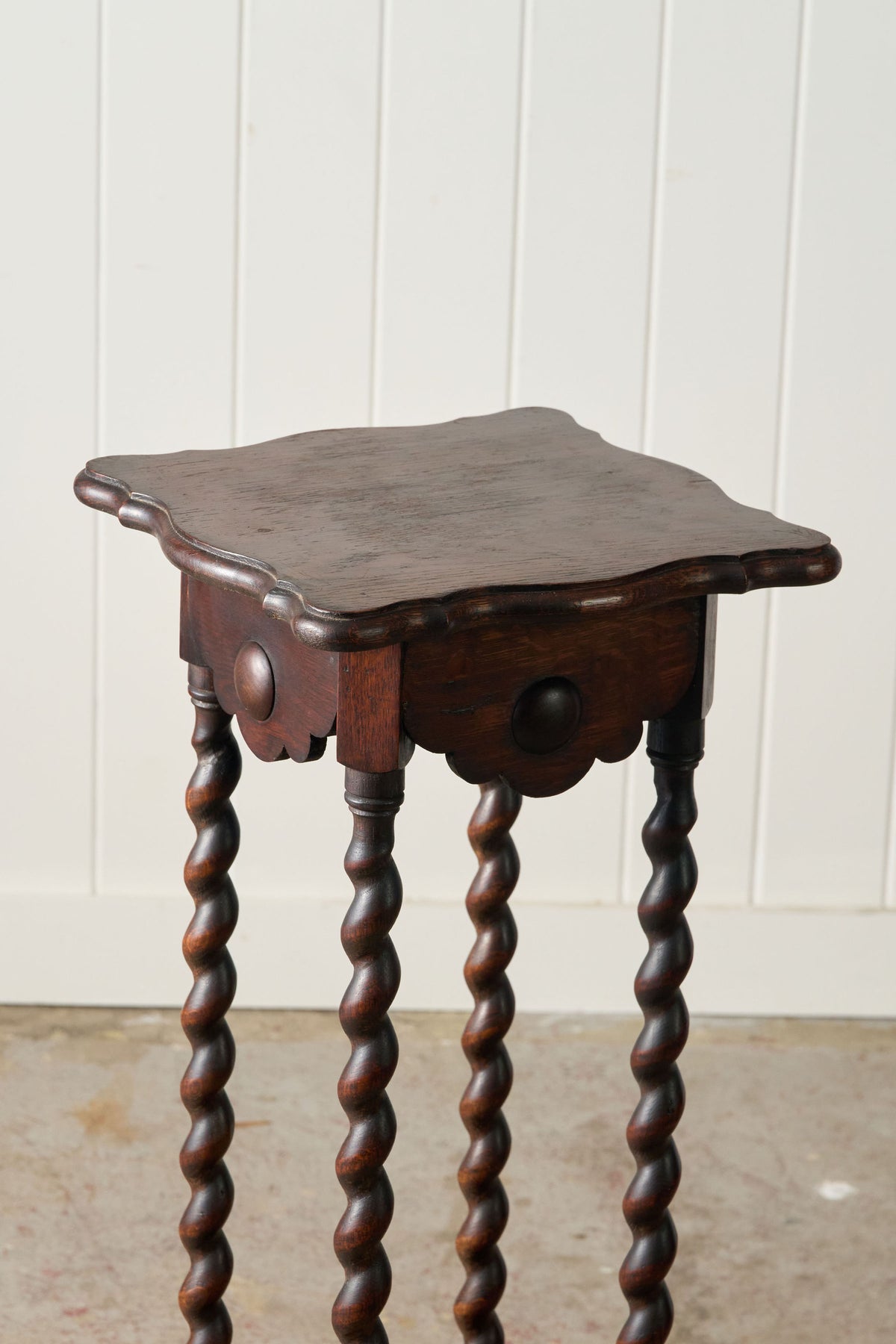 Antique English Oak 2-Tier Barley Twist Plant Stand with Scalloped Top