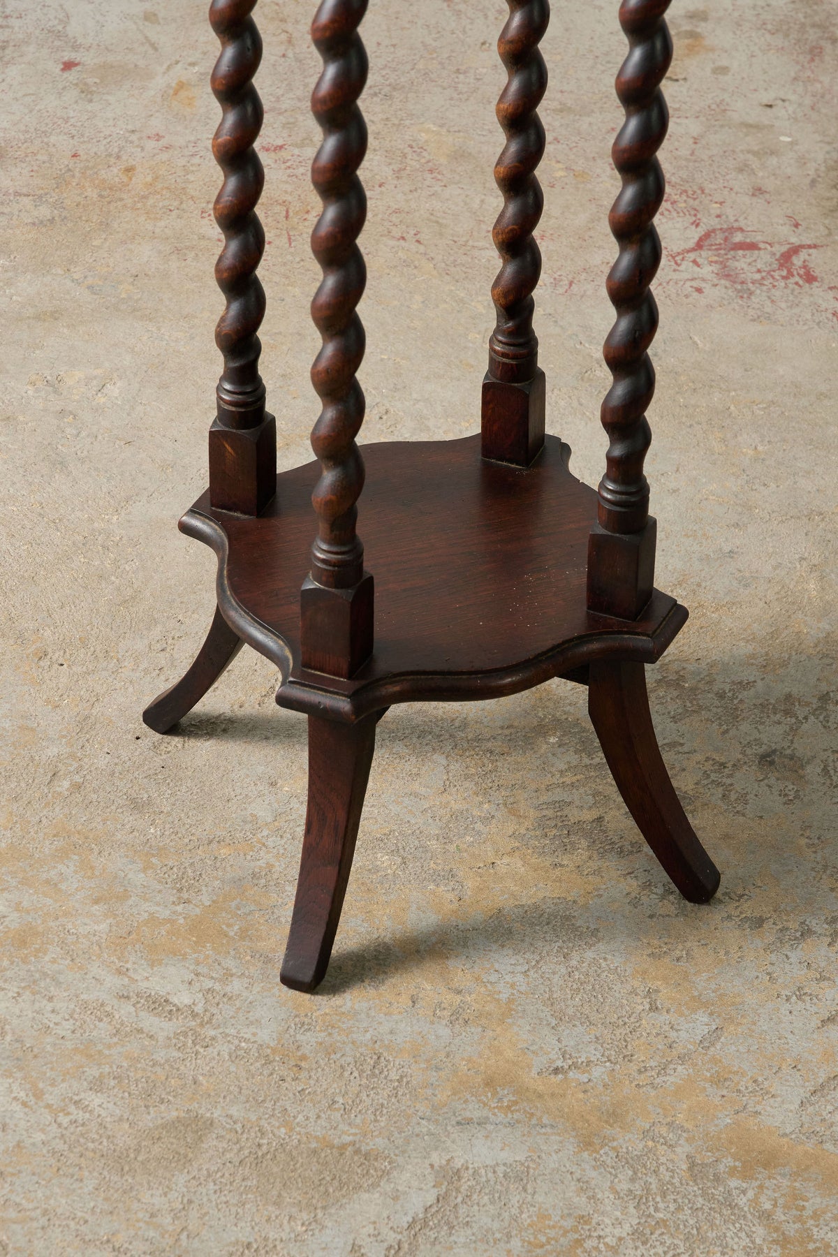 Antique English Oak 2-Tier Barley Twist Plant Stand with Scalloped Top