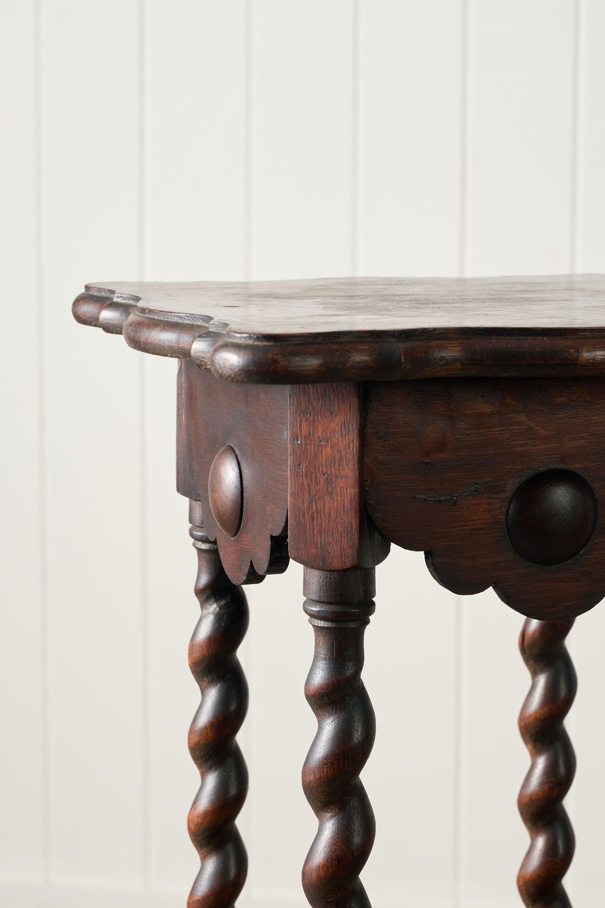 Antique English Oak 2-Tier Barley Twist Plant Stand with Scalloped Top