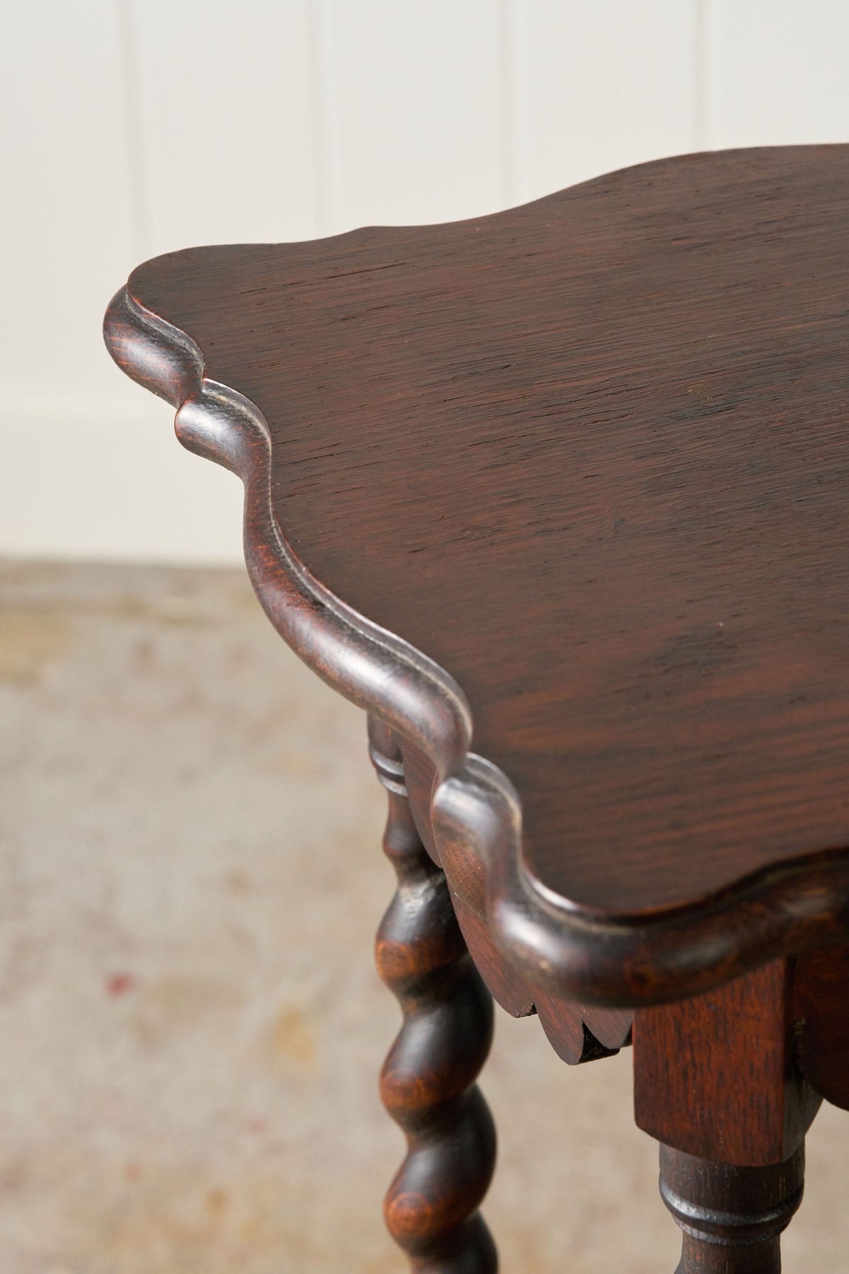 Antique English Oak 2-Tier Barley Twist Plant Stand with Scalloped Top