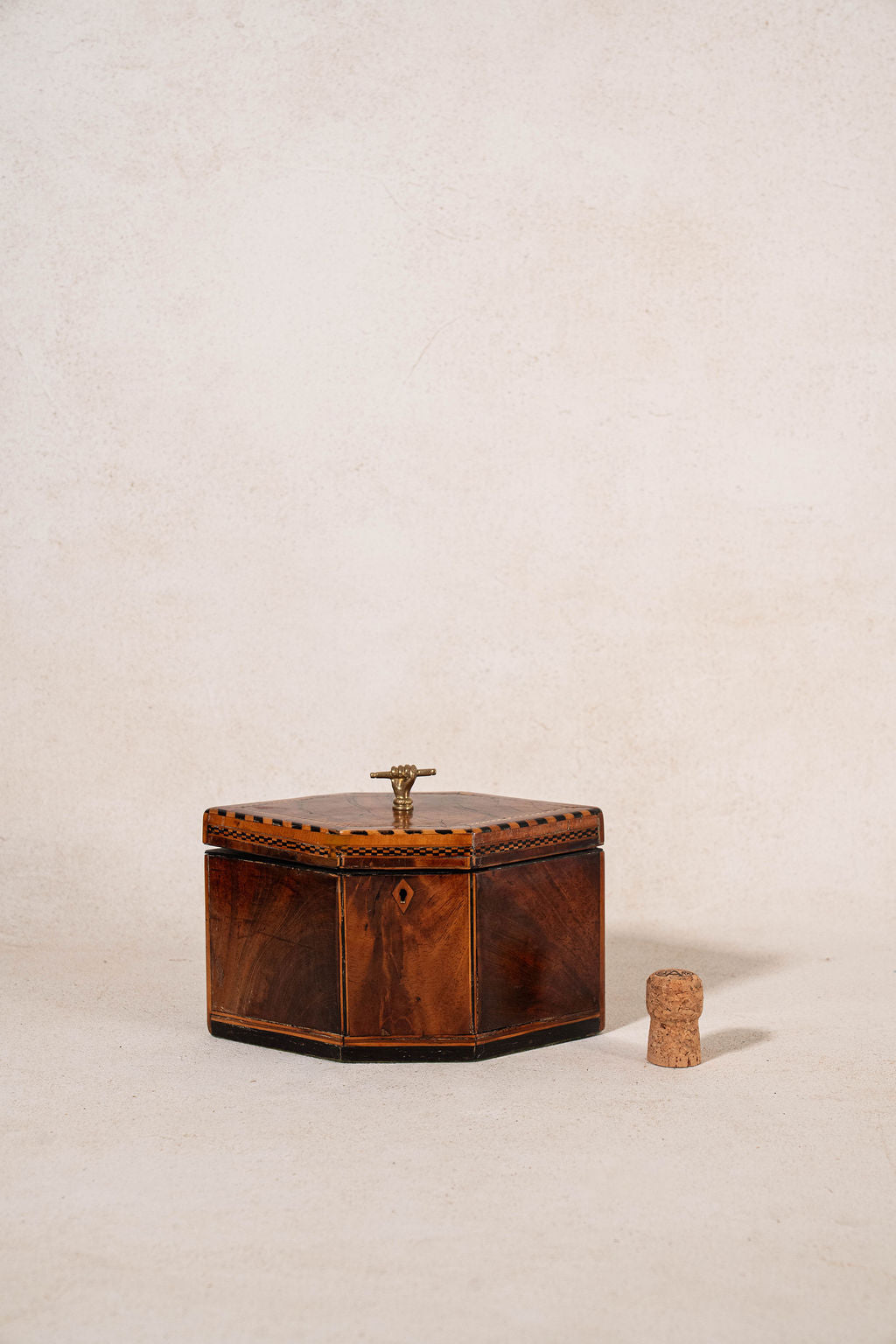 Inlay Hexagon Tea Caddy with Brass Hand Handle (c. 1820)