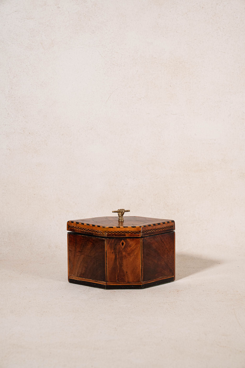 Inlay Hexagon Tea Caddy with Brass Hand Handle (c. 1820)