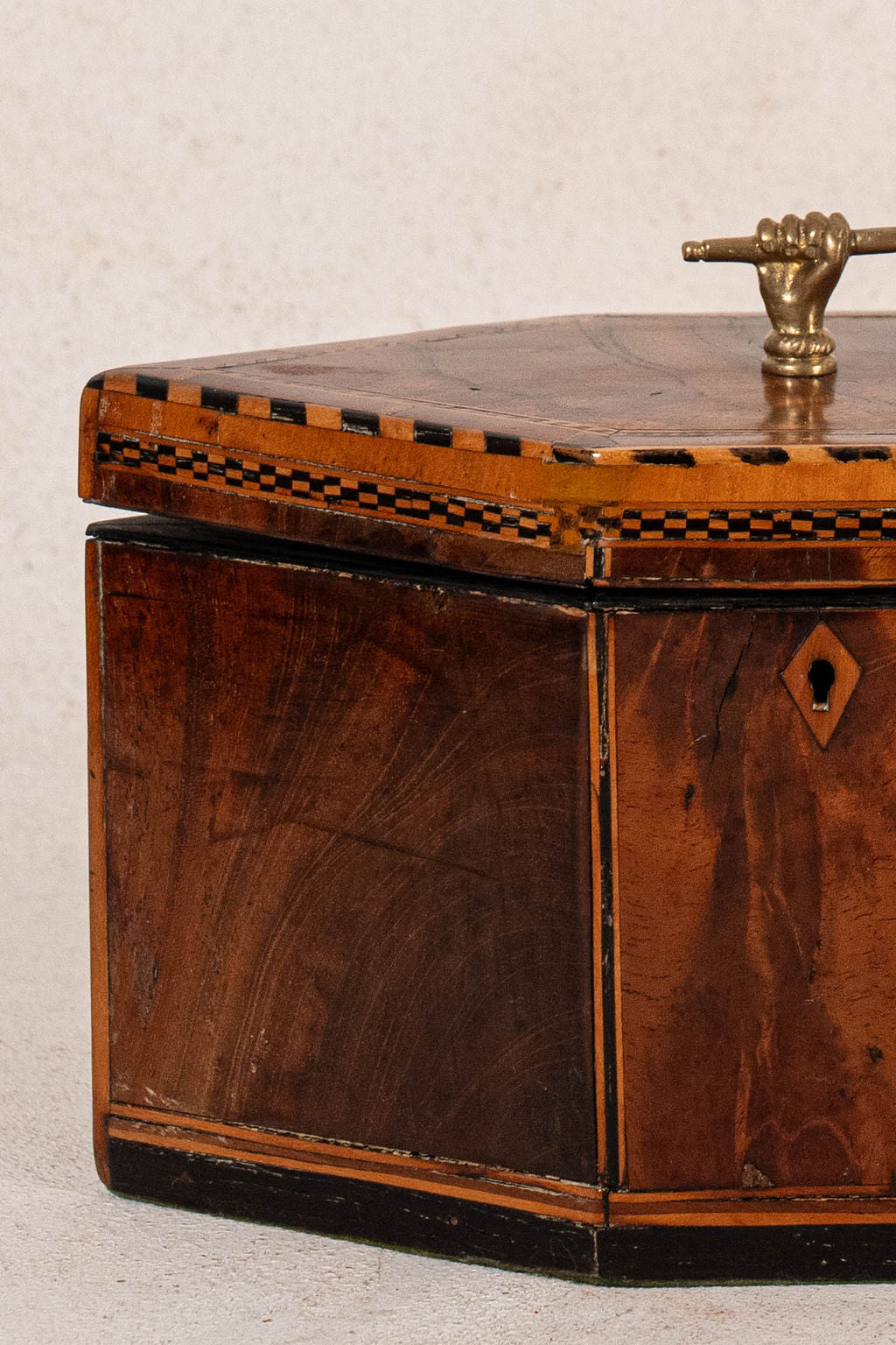 Inlay Hexagon Tea Caddy with Brass Hand Handle (c. 1820)