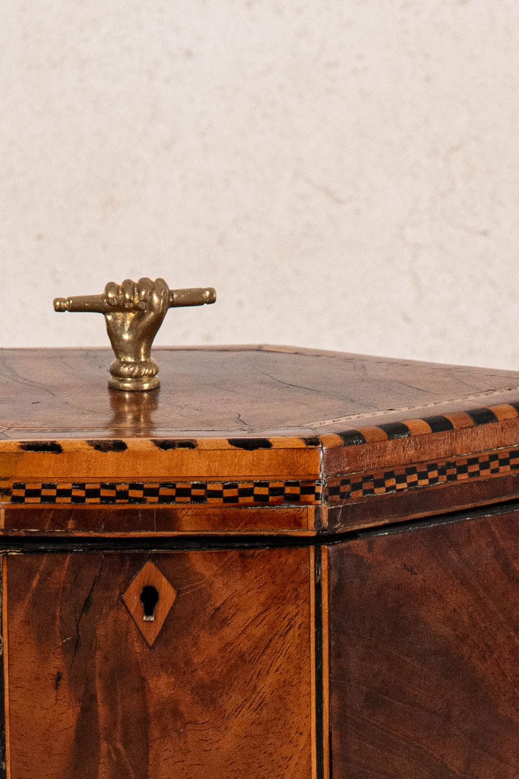 Inlay Hexagon Tea Caddy with Brass Hand Handle (c. 1820)
