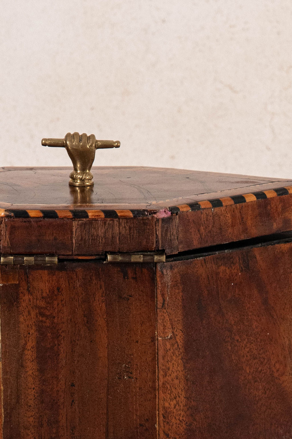 Inlay Hexagon Tea Caddy with Brass Hand Handle (c. 1820)