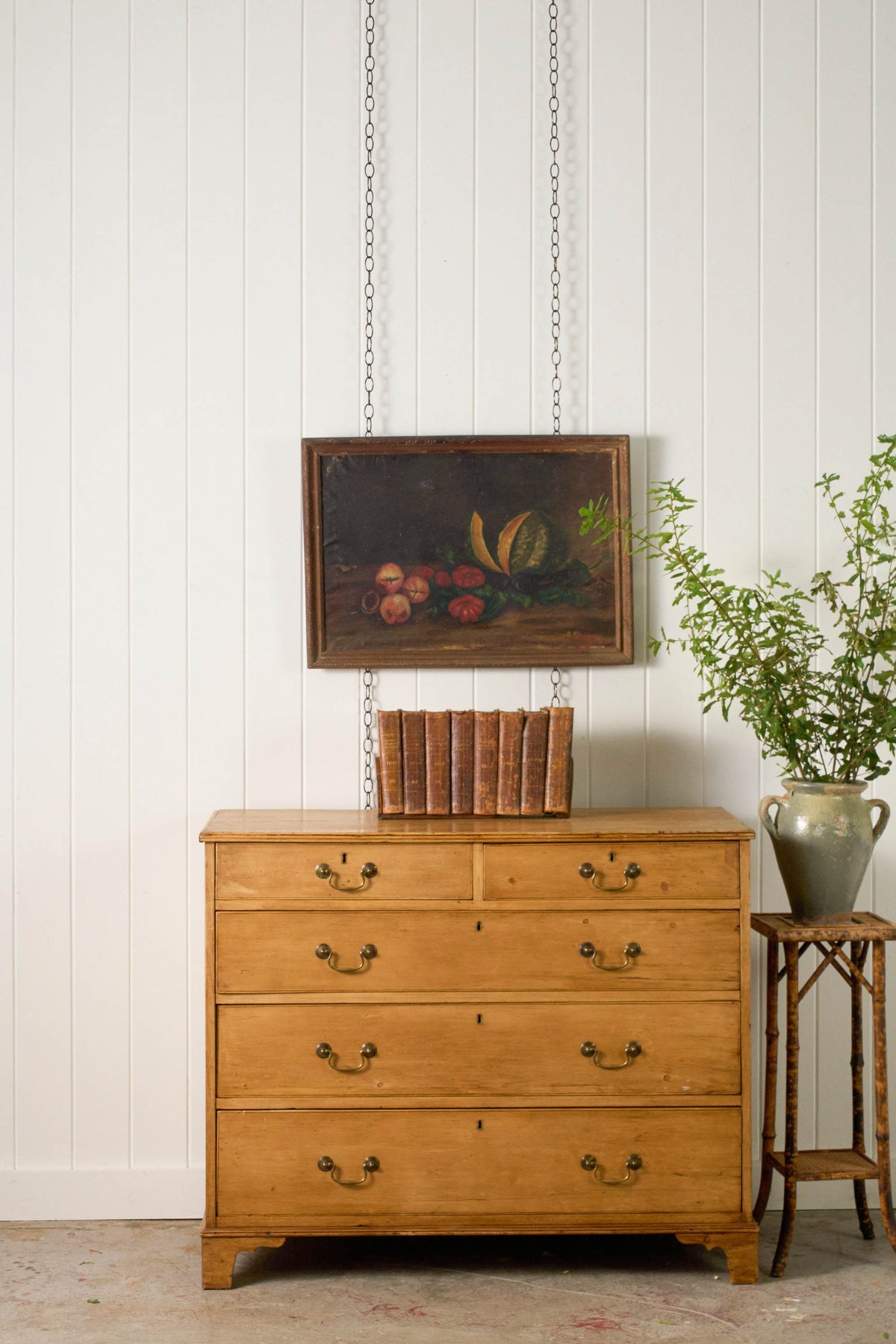 19th Century Oil on Canvas Still Life of Melon + Veggies (signed)