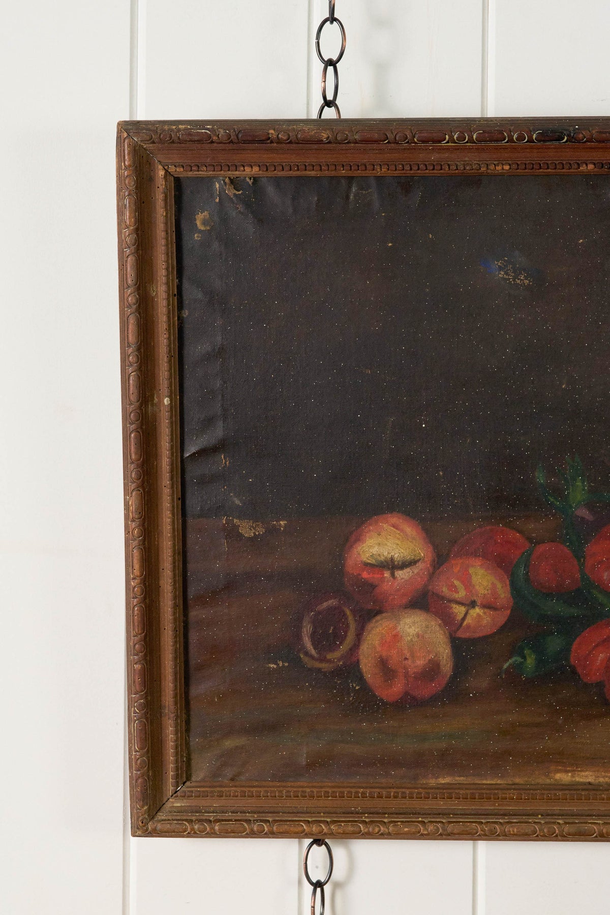 19th Century Oil on Canvas Still Life of Melon + Veggies (signed)