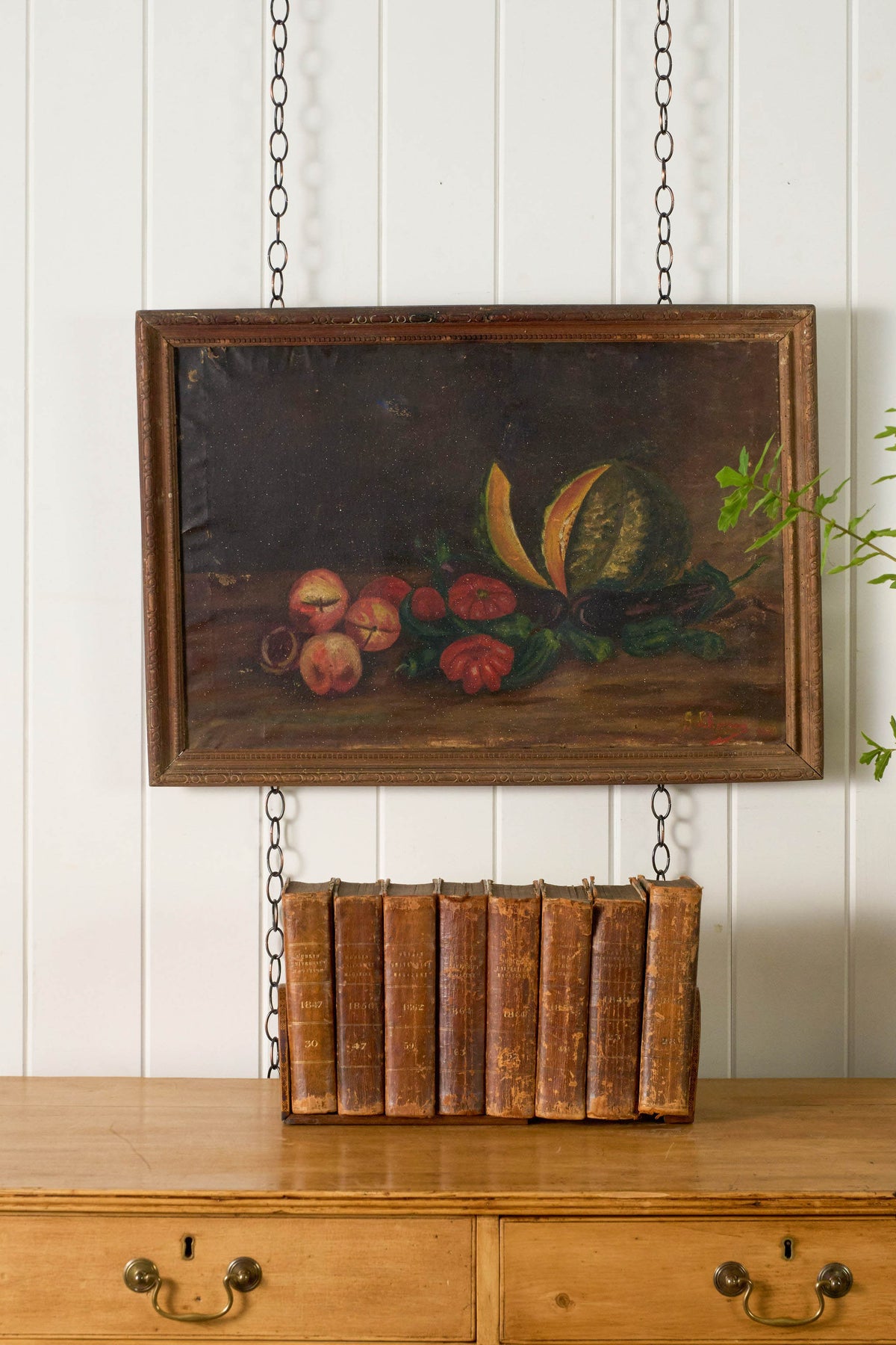 19th Century Oil on Canvas Still Life of Melon + Veggies (signed)