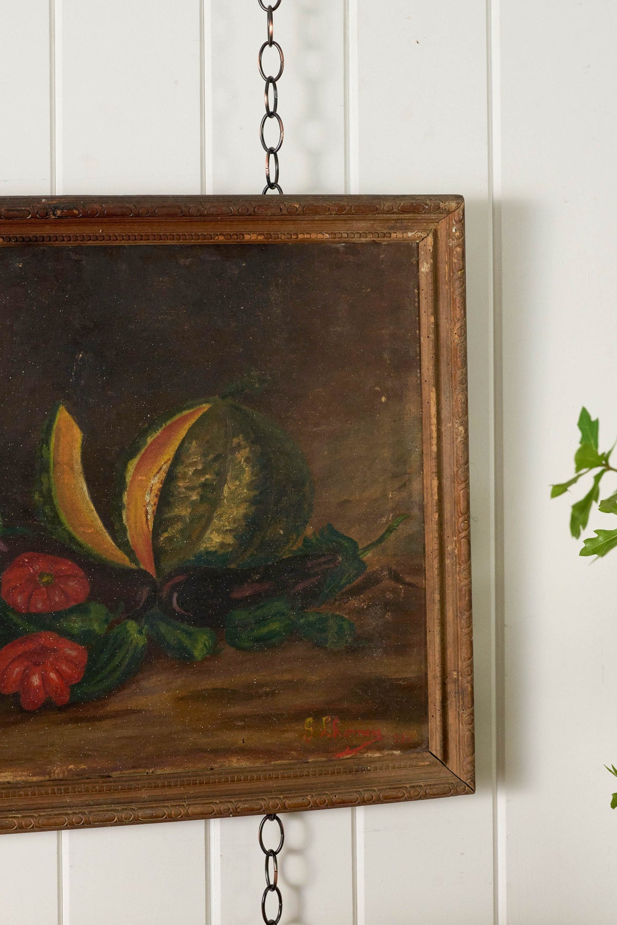 19th Century Oil on Canvas Still Life of Melon + Veggies (signed)