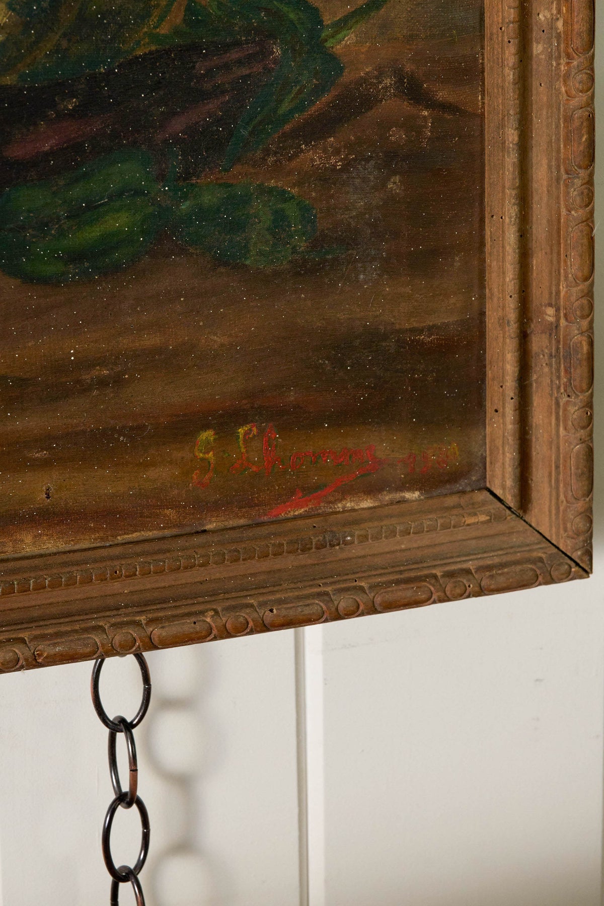 19th Century Oil on Canvas Still Life of Melon + Veggies (signed)