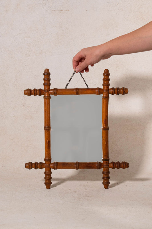 Petite French Faux Bamboo Mirror with Spindle Tips