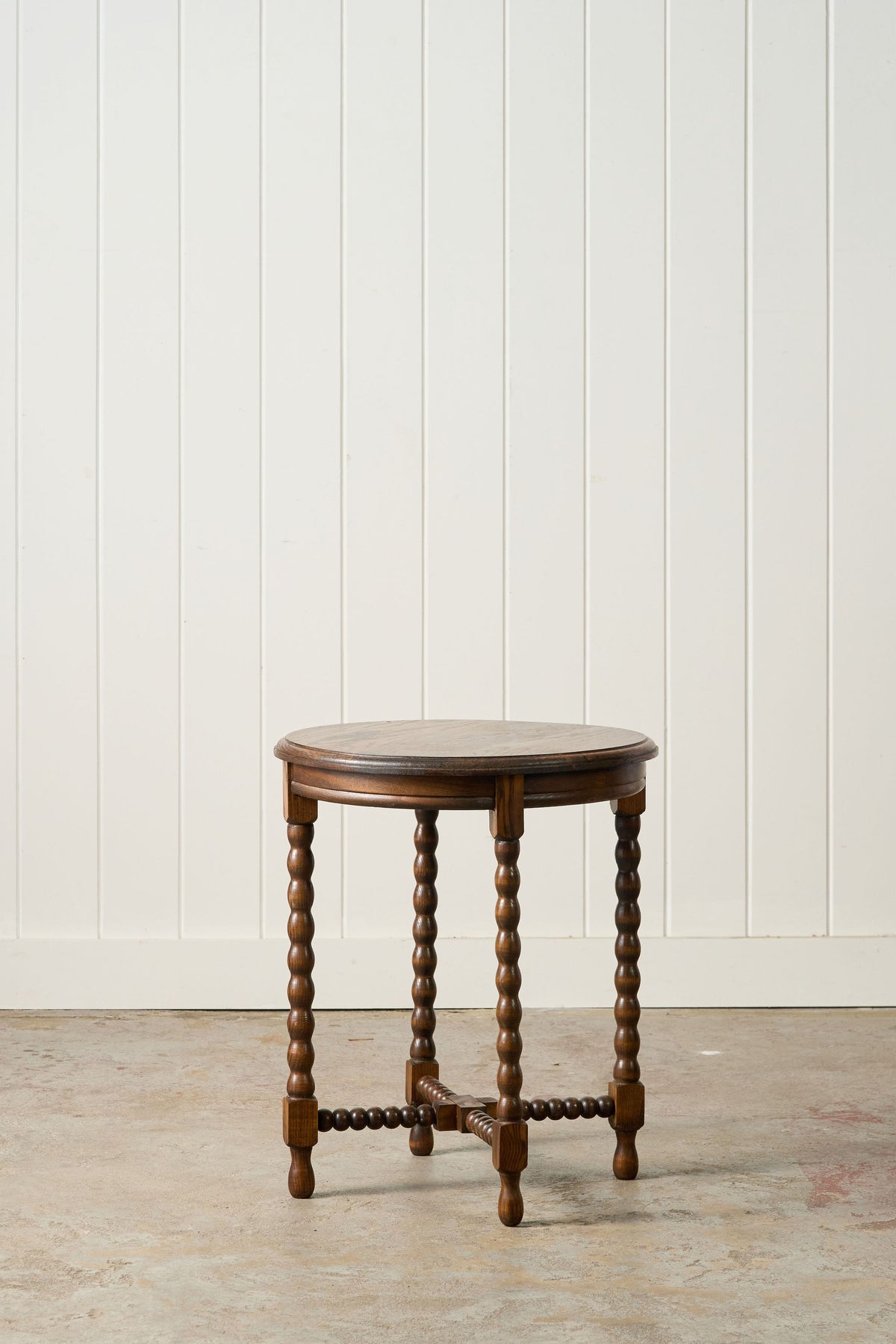 Antique French Oak Round Occasional Table with Bobbin Stretcher + Legs