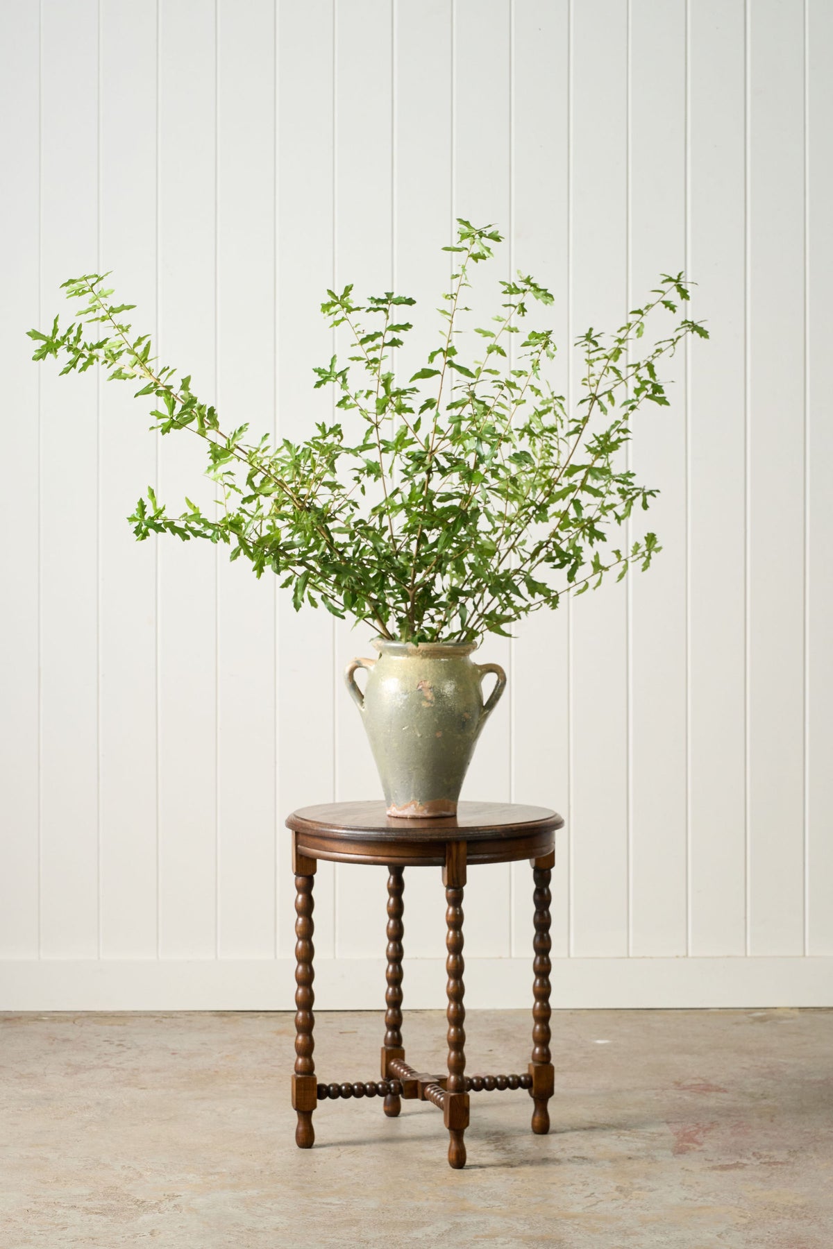 Antique French Oak Round Occasional Table with Bobbin Stretcher + Legs