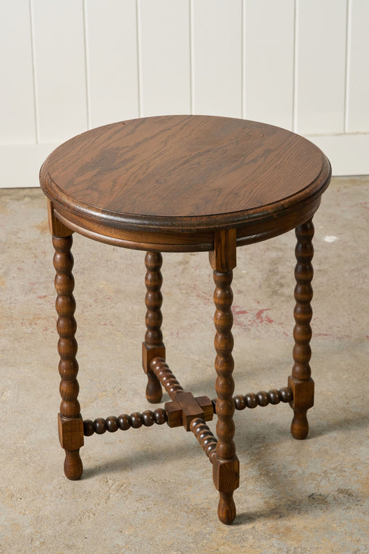 Antique French Oak Round Occasional Table with Bobbin Stretcher + Legs