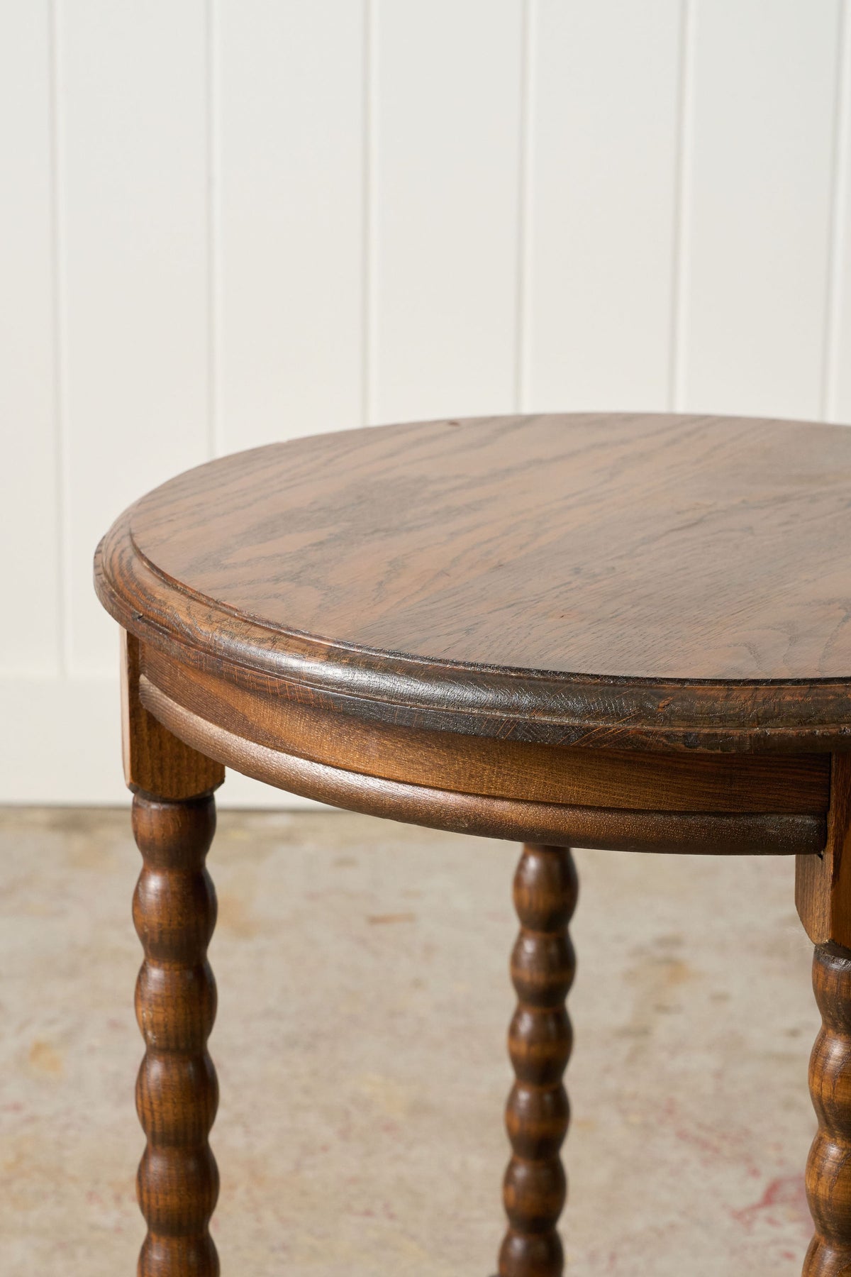 Antique French Oak Round Occasional Table with Bobbin Stretcher + Legs