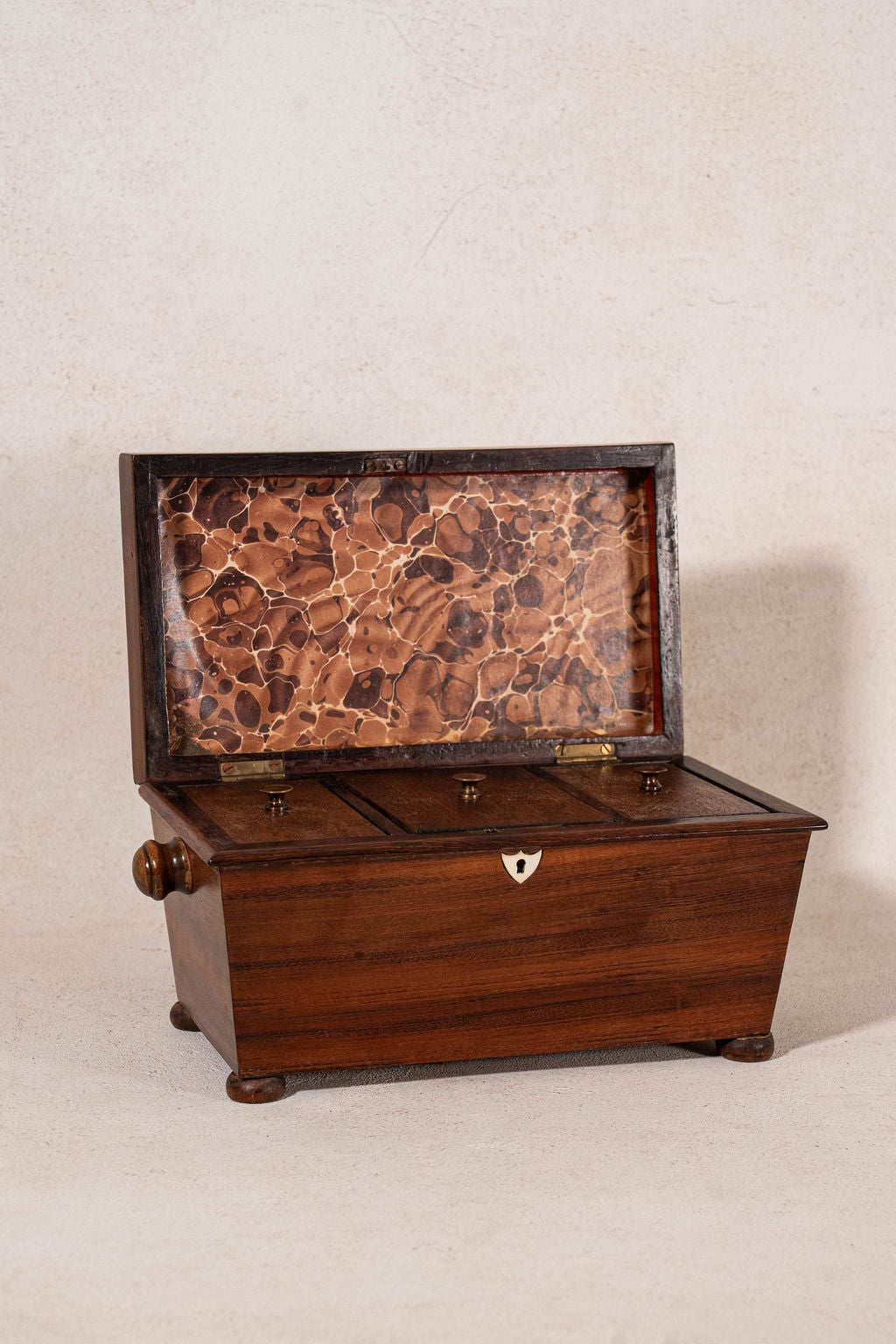 19th Century Tea Caddy with Bon Inlay Keyhole + Original Fittings