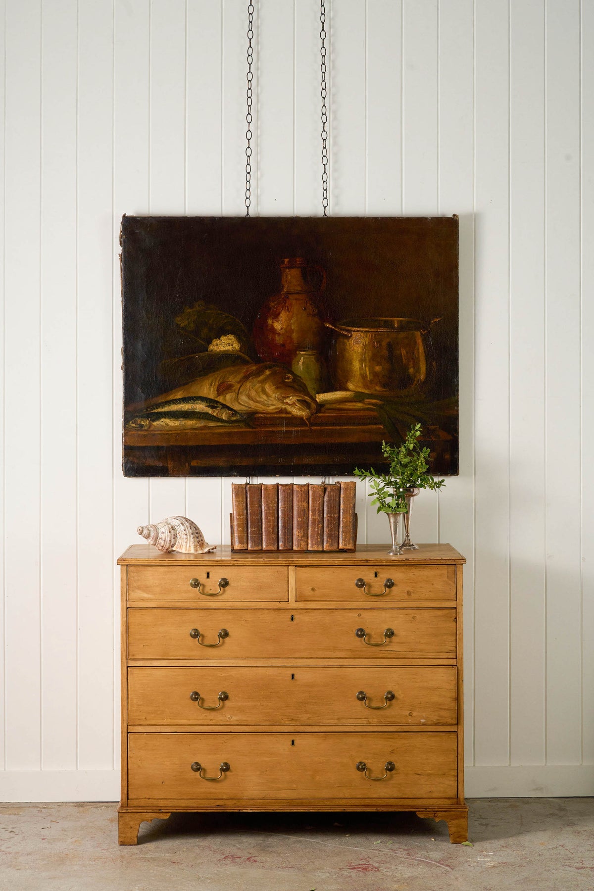 Large 19th Century Still Life of Fish + Copper Pots