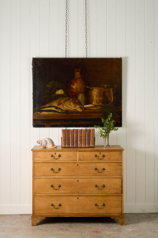 Large 19th Century Still Life of Fish + Copper Pots