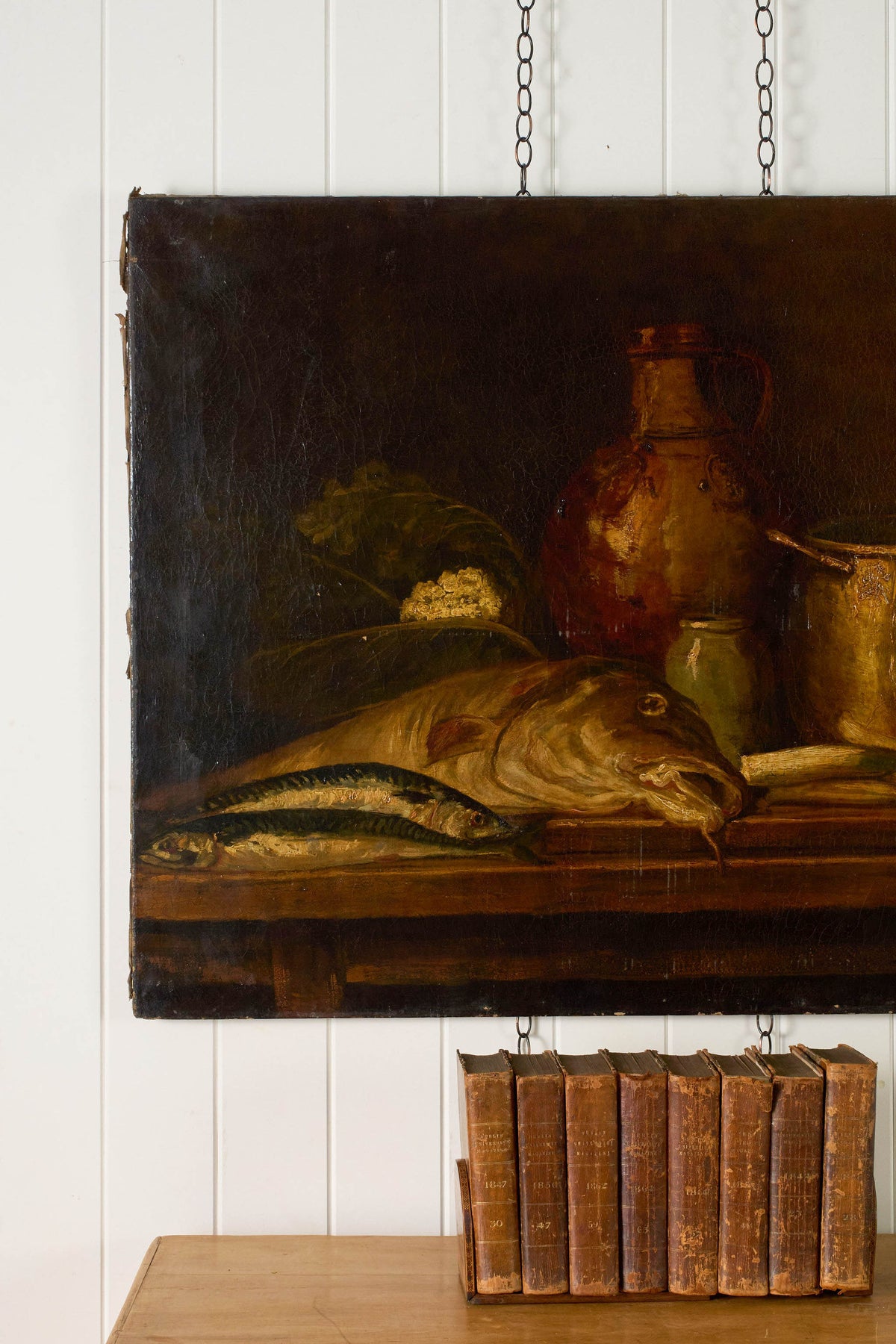 Large 19th Century Still Life of Fish + Copper Pots