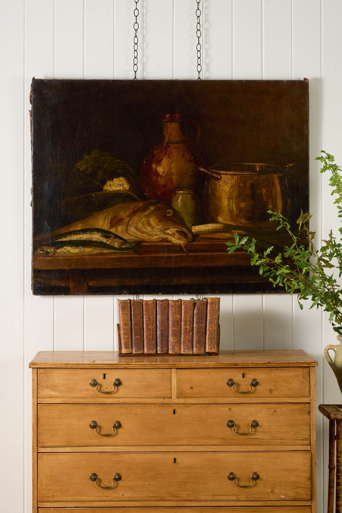 Large 19th Century Still Life of Fish + Copper Pots