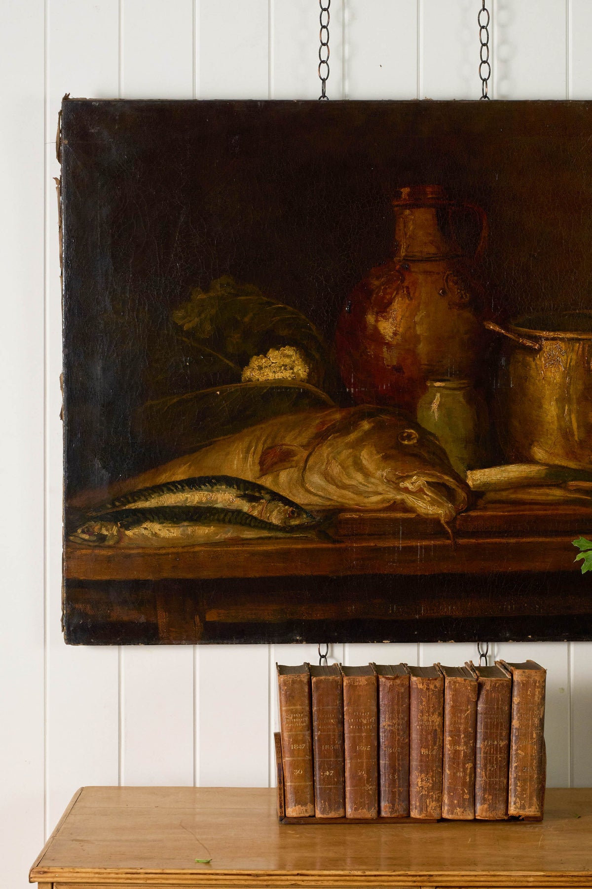 Large 19th Century Still Life of Fish + Copper Pots