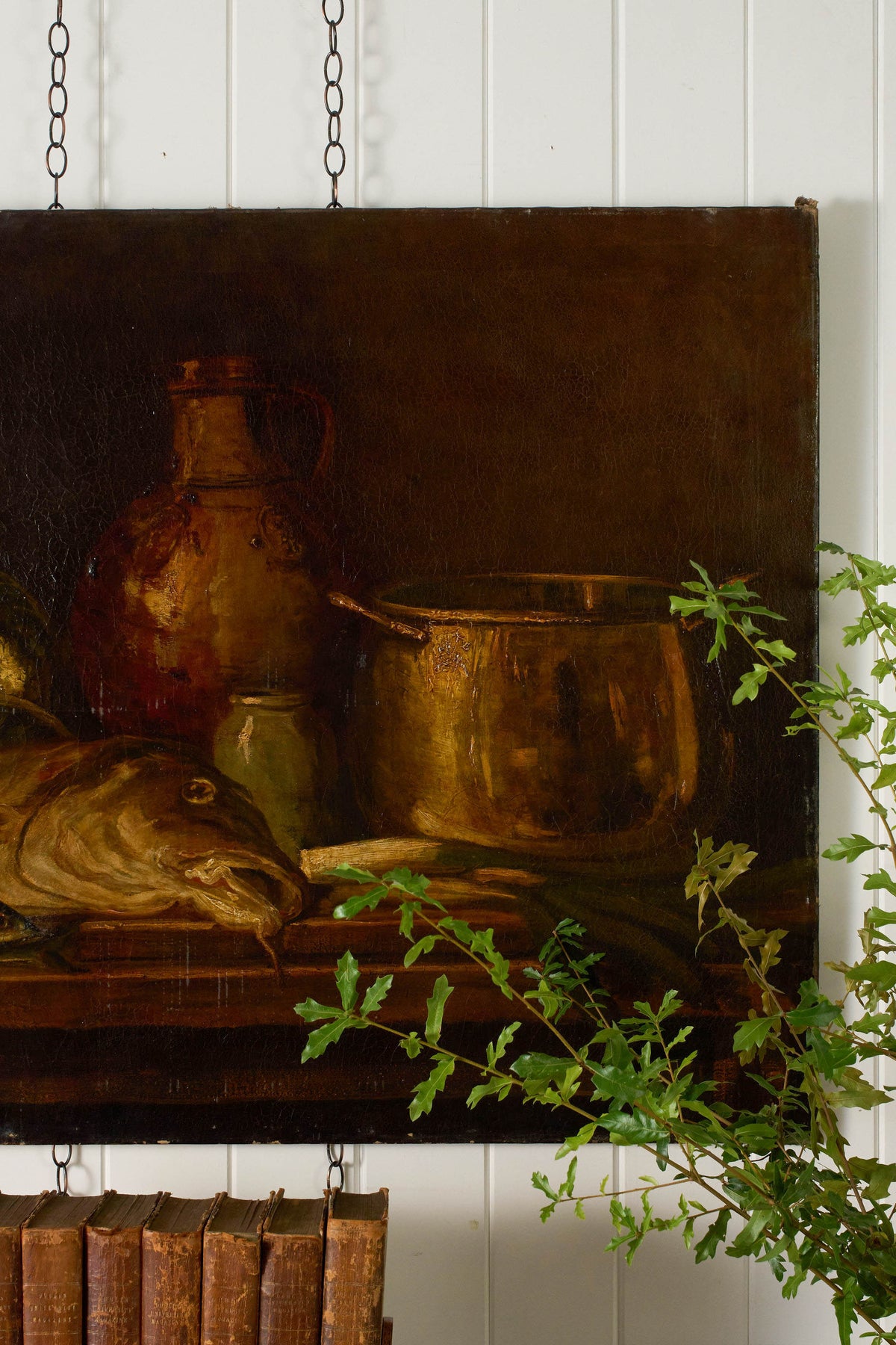 Large 19th Century Still Life of Fish + Copper Pots