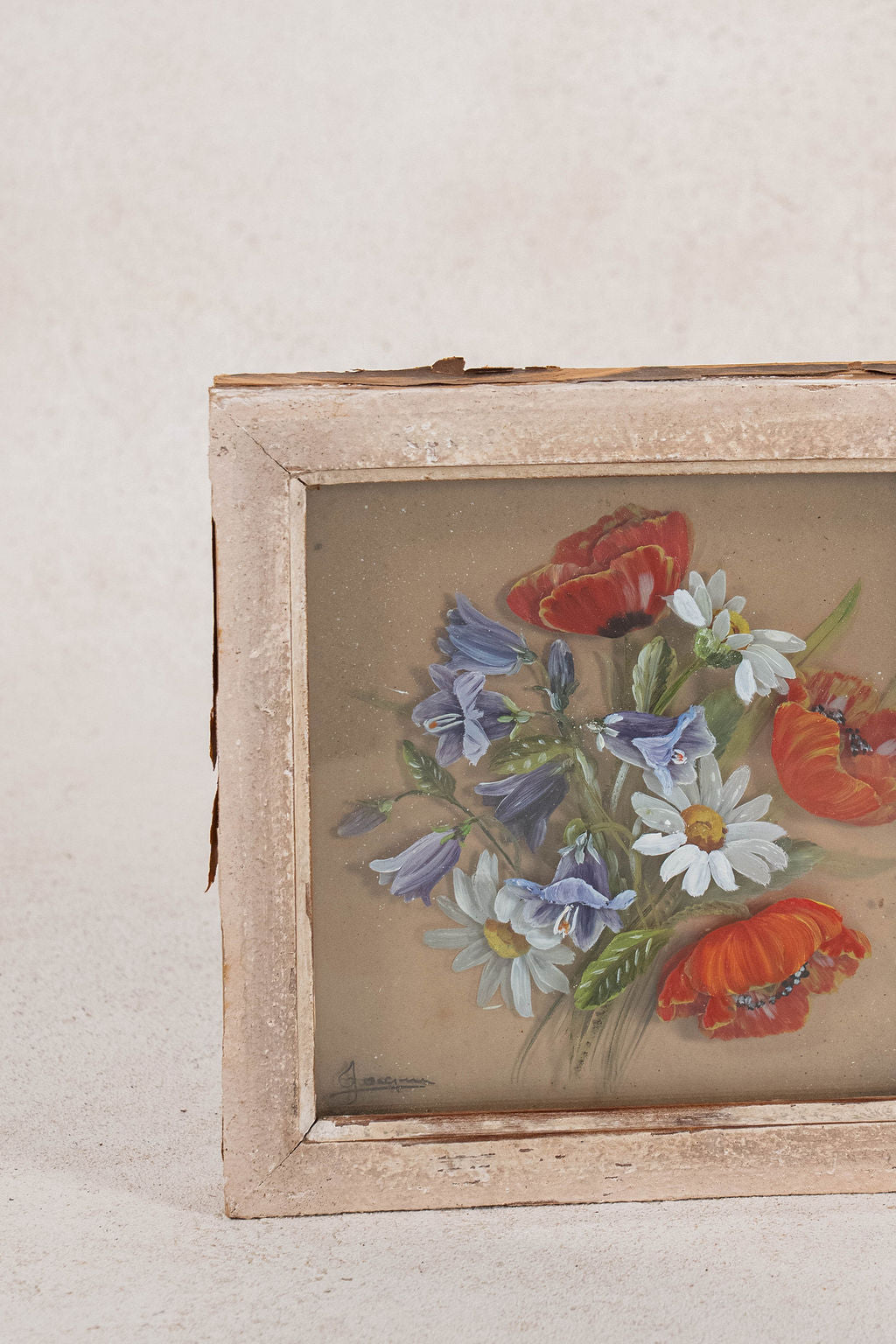 Framed Floral Reverse Glass Painting | Signed