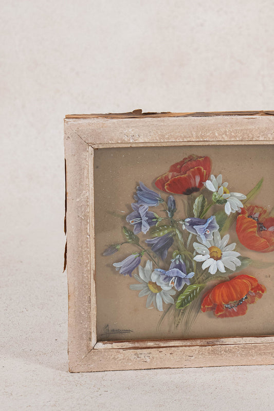 Framed Floral Layered Reverse Glass Painting | Signed