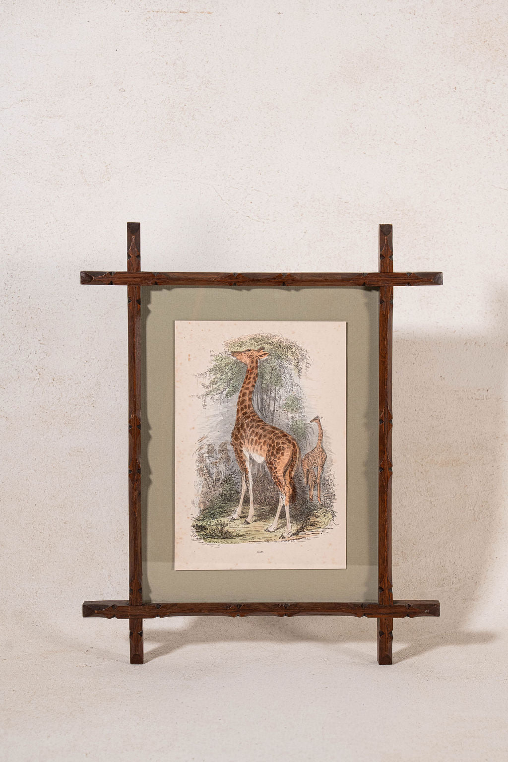 Hand Colored 19th Century Giraffe Lithograph in English Arts + Crafts Oak Frame