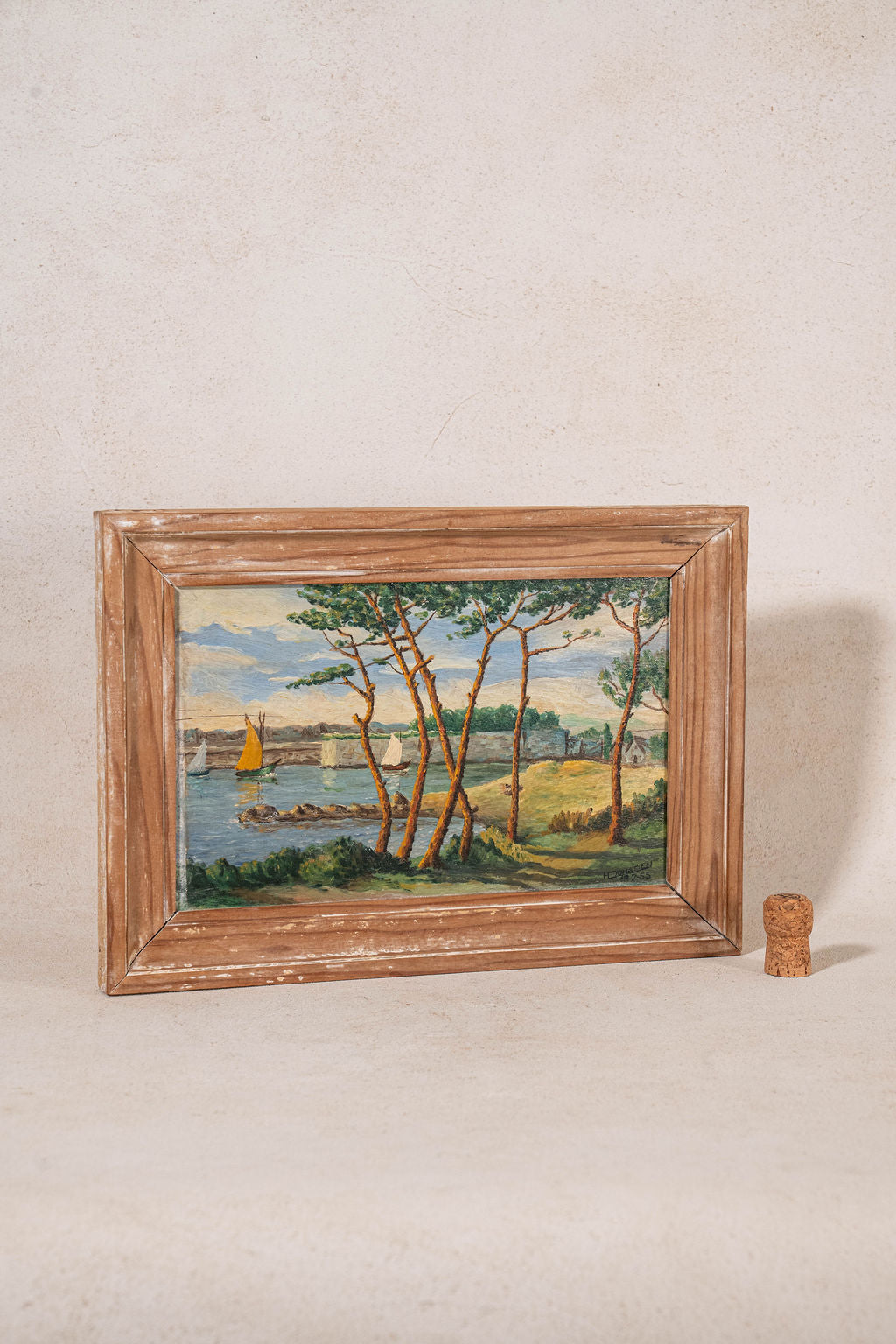 Mid-Century Oil on Board Seaside Town