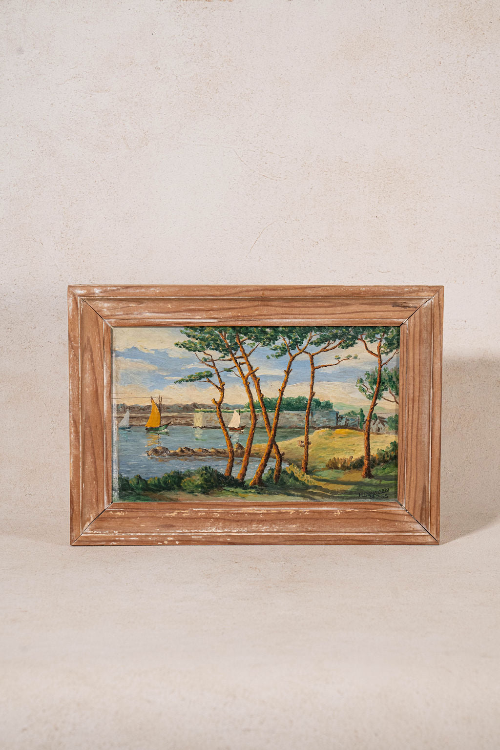 Mid-Century Oil on Board Seaside Town