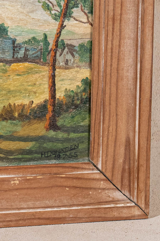 Mid-Century Oil on Board Seaside Town
