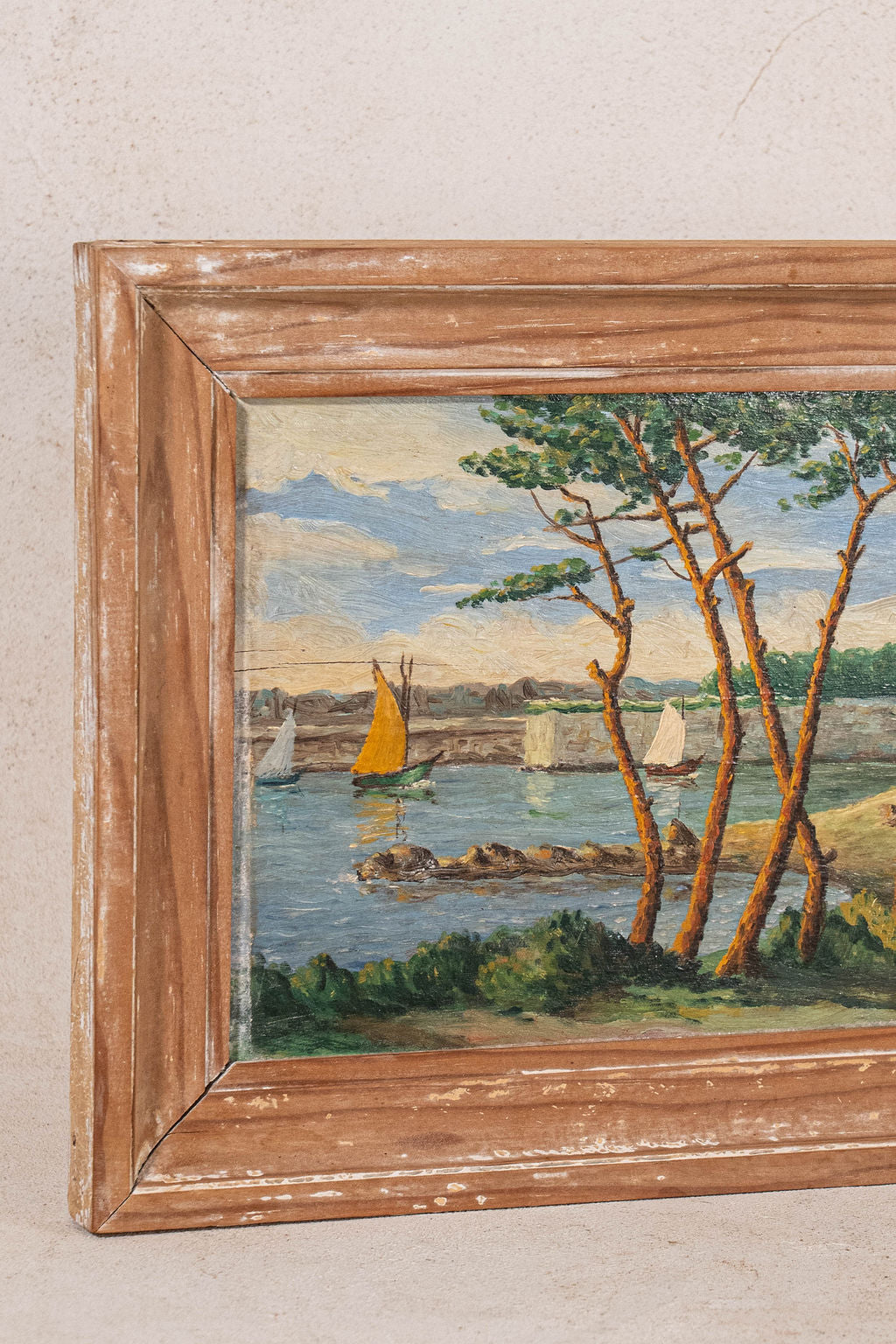Mid-Century Oil on Board Seaside Town