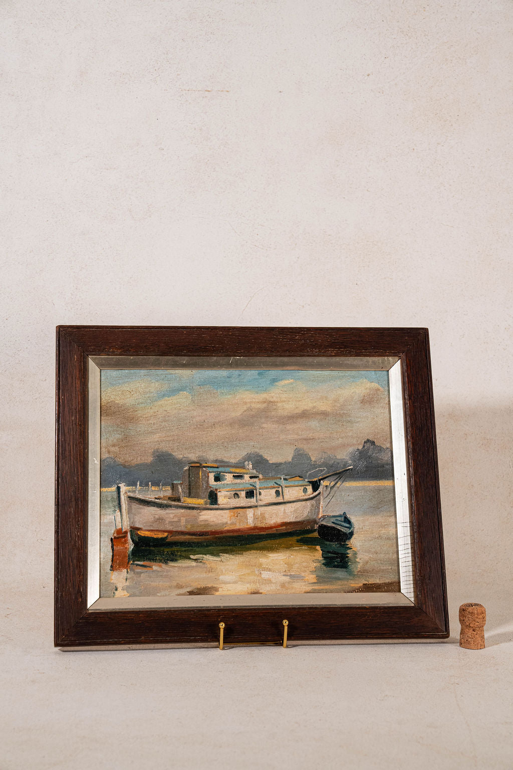 Boat Oil on Board in Antique Oak Frame (c. 1900)