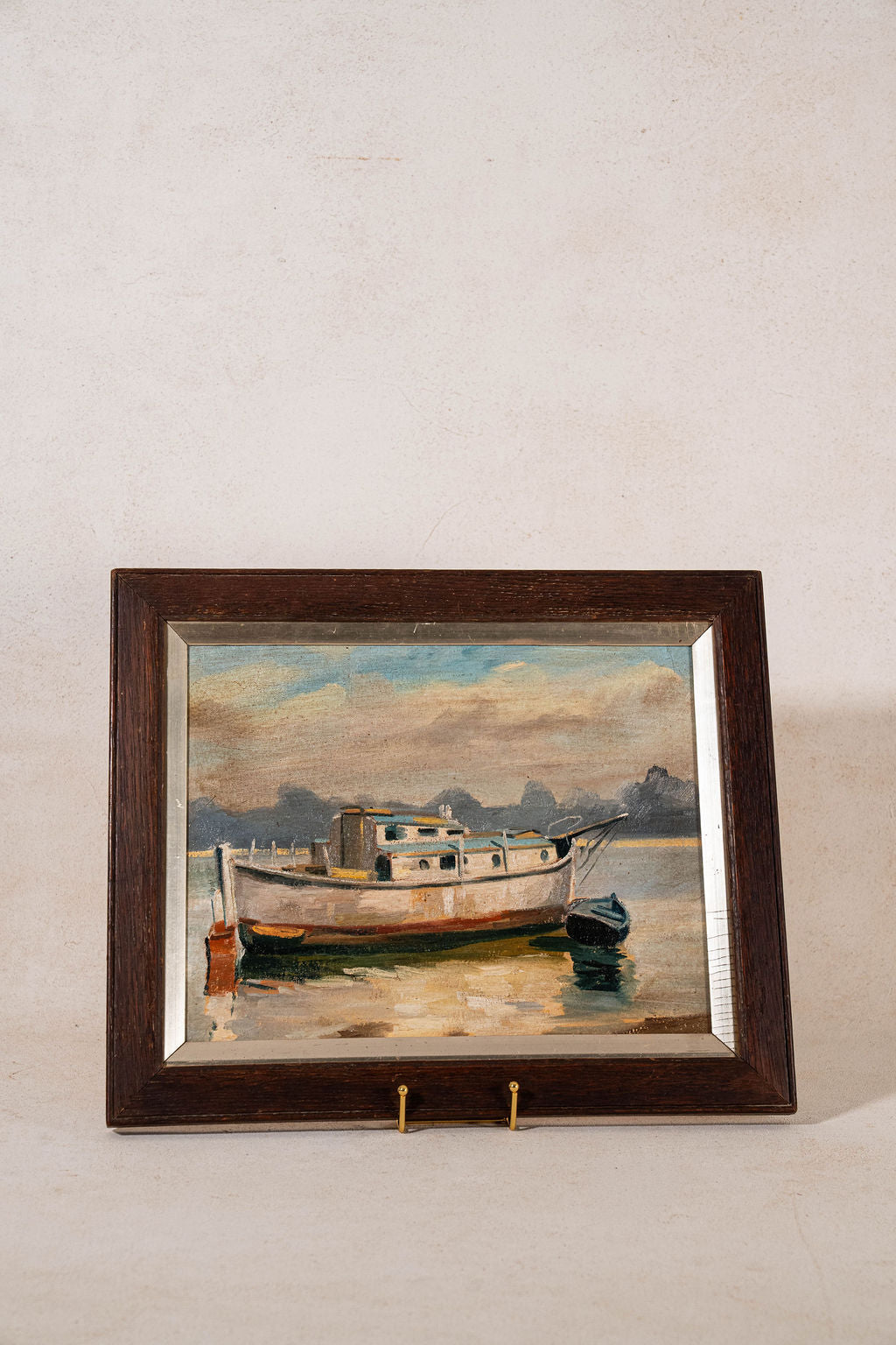 Boat Oil on Board in Antique Oak Frame (c. 1900)