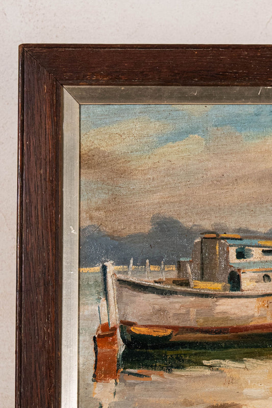 Boat Oil on Board in Antique Oak Frame (c. 1900)