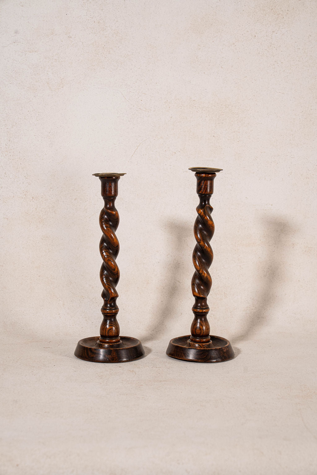 PAIR of Antique 12”H Barley Twist Candlesticks with Brass Inserts