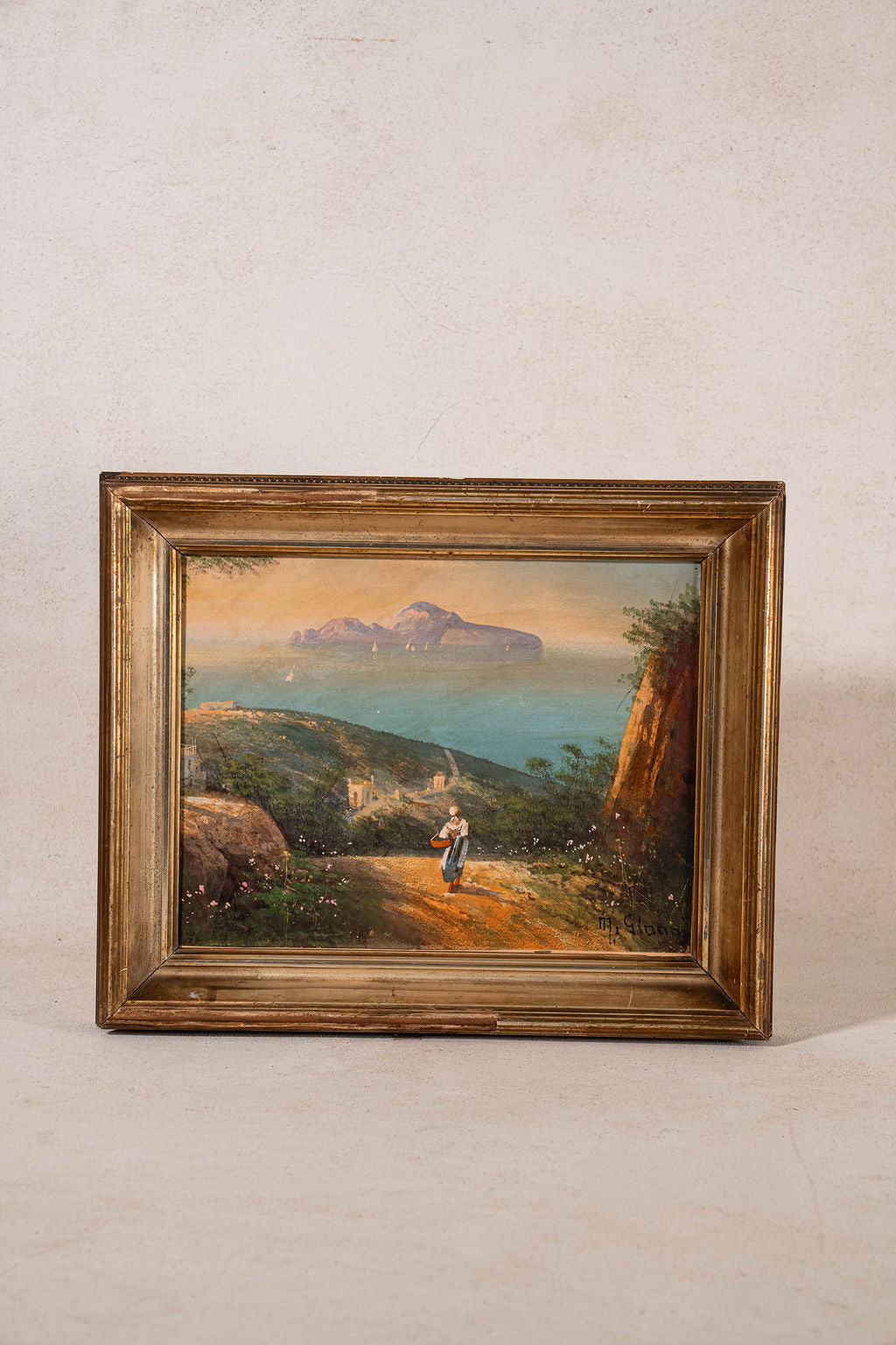 Antique Italian Oil on Board Seaside Town Scene in Gilt Wood Frame (c. 1890)