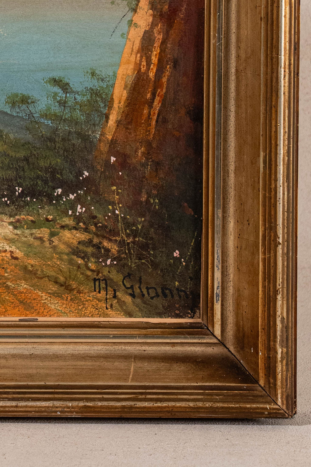 Antique Italian Oil on Board Seaside Town Scene in Gilt Wood Frame (c. 1890)