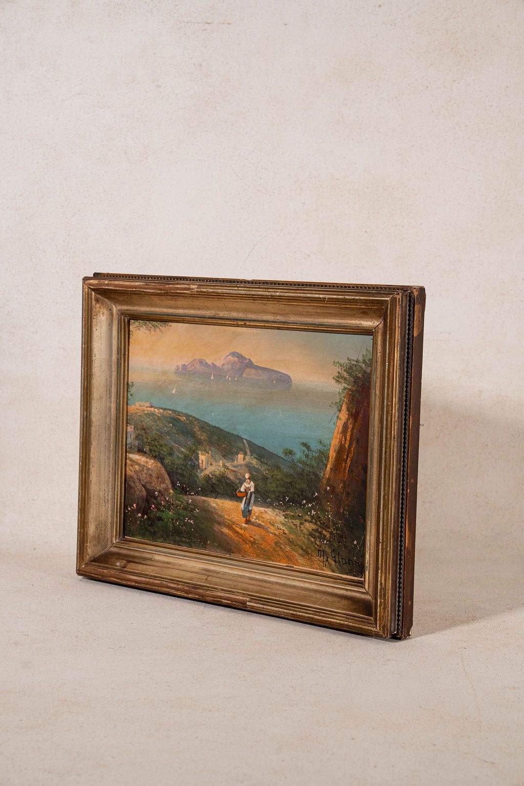 Antique Italian Oil on Board Seaside Town Scene in Gilt Wood Frame (c. 1890)