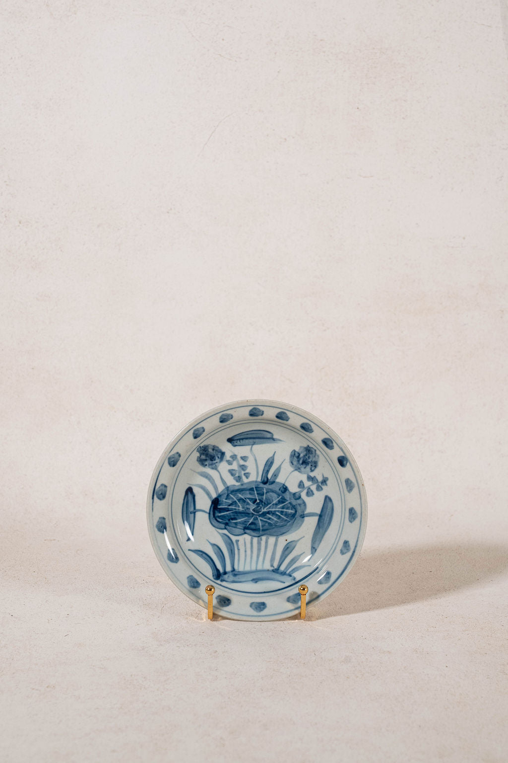 Contemporary Blue + White Chinese Shallow Dish with Lily Pad Motif