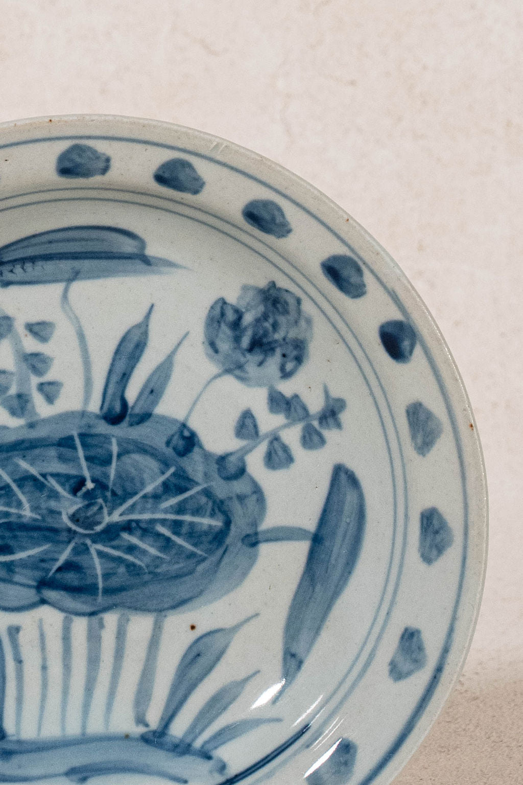 Contemporary Blue + White Chinese Shallow Dish with Lily Pad Motif