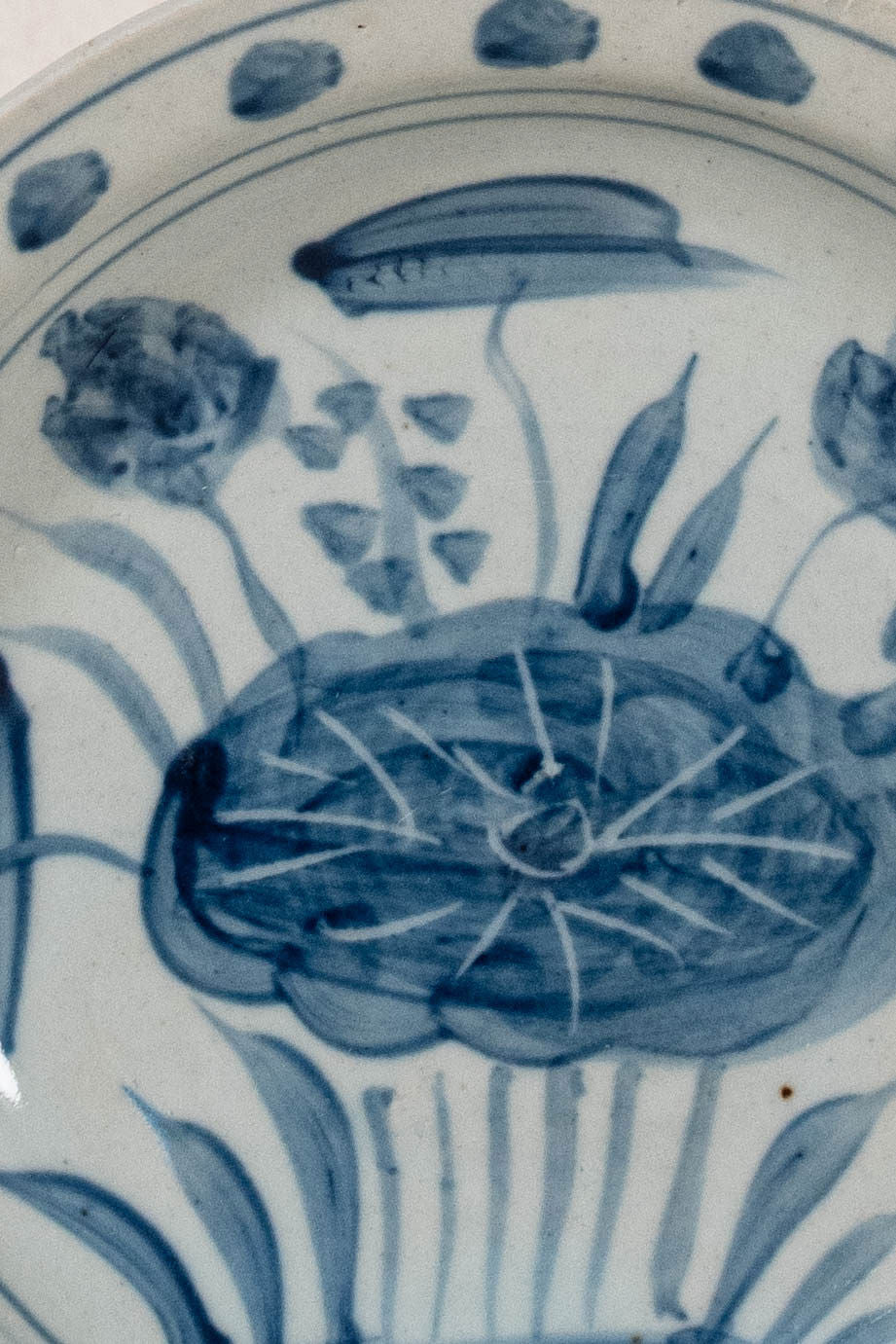 Contemporary Blue + White Chinese Shallow Dish with Lily Pad Motif