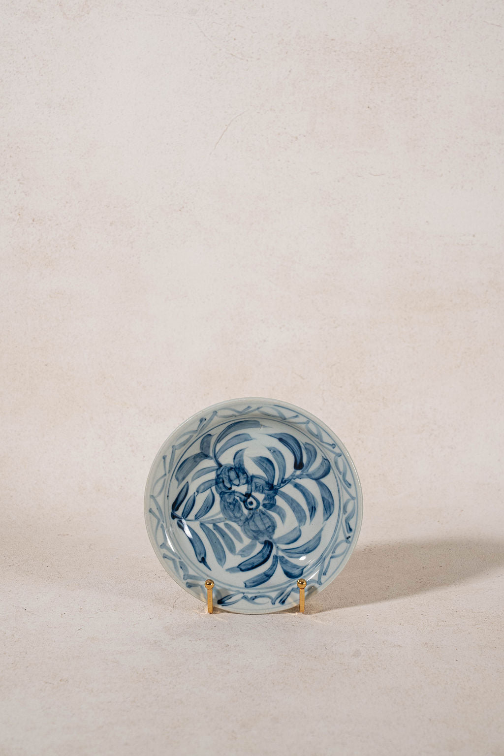 Contemporary Hand Painted Blue + White Chinese Shallow Dish with Floral Motif