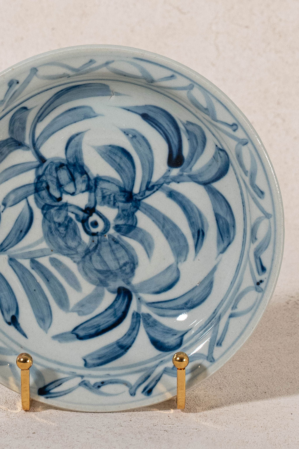 Contemporary Hand Painted Blue + White Chinese Shallow Dish with Floral Motif