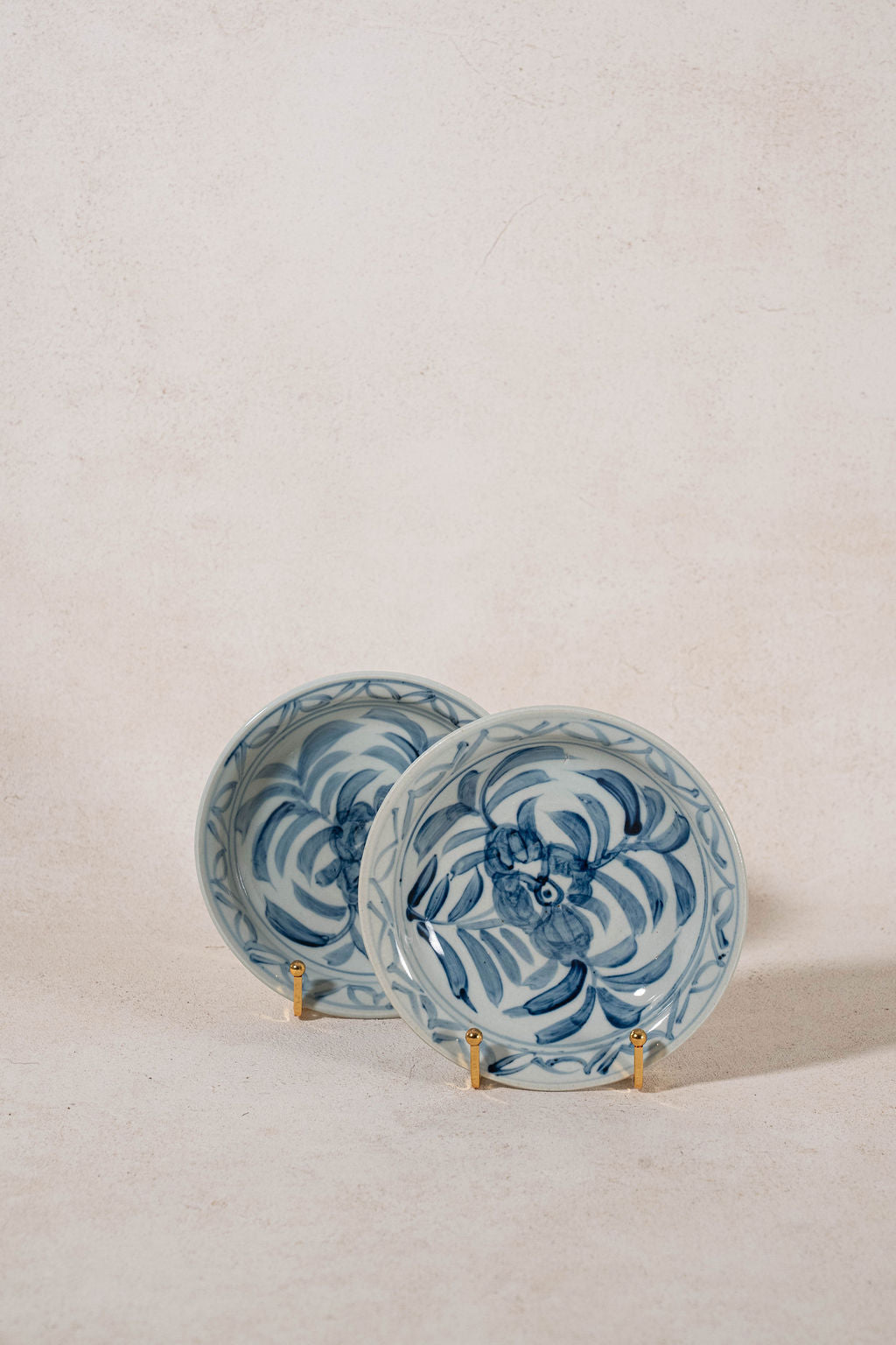 Contemporary Hand Painted Blue + White Chinese Shallow Dish with Floral Motif